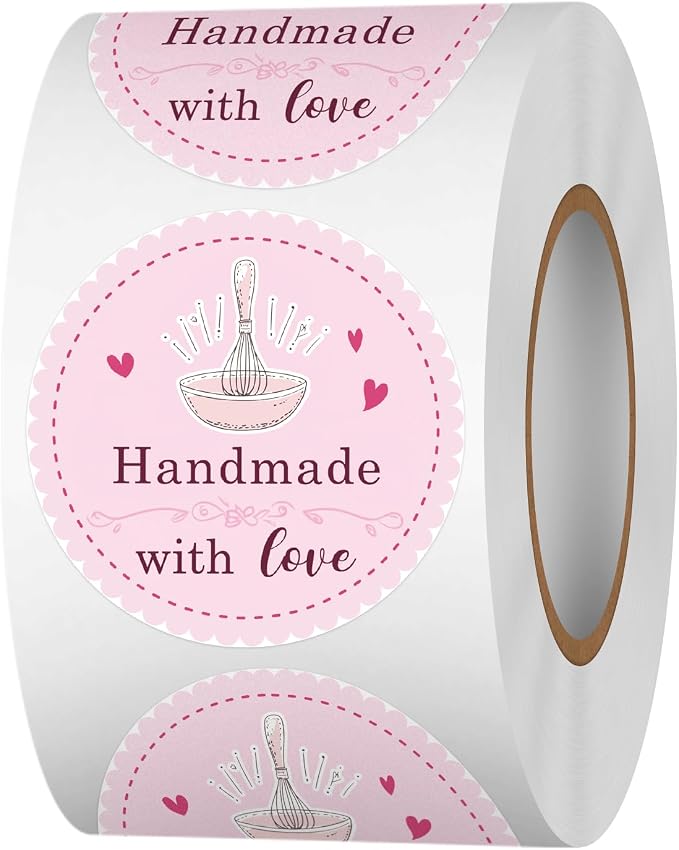 Pink Bakery Use Baked with Love Stickers, 1.5 inch 500 PCS, Heart & Letter Print, Waterproof, Matte Finish, Traditional & Vintage Style, Perfect for Baked Goods, Small Businesses