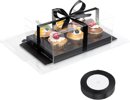 EUSOAR Cupcake Boxes 6 Count, 6 Pack Clear Black Bakery Mini Cake Take out Containers with Gift Ribbon, Rectangle Dessert Pastry Holder Cookies Wrappers Disposable for Birthday Wedding Tea Party
