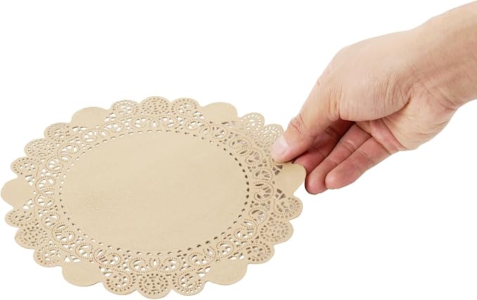 Pastry Tek 8 x 8 Inch Paper Lace Doilies, 100 Disposable Table Doilies - Elegant Lace Finish, Long Lasting, Kraft Paper Doily, for Pastries, Cupcakes, Desserts - Restaurantware