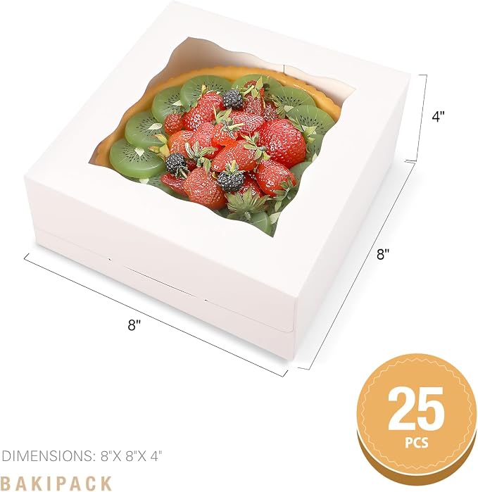 25 White Bakery Boxes with Window, 8x8x4 Inches Cake Boxes with Window, Treat Boxes for Pastry, Cupcake, Cookies, Muffins, Pie