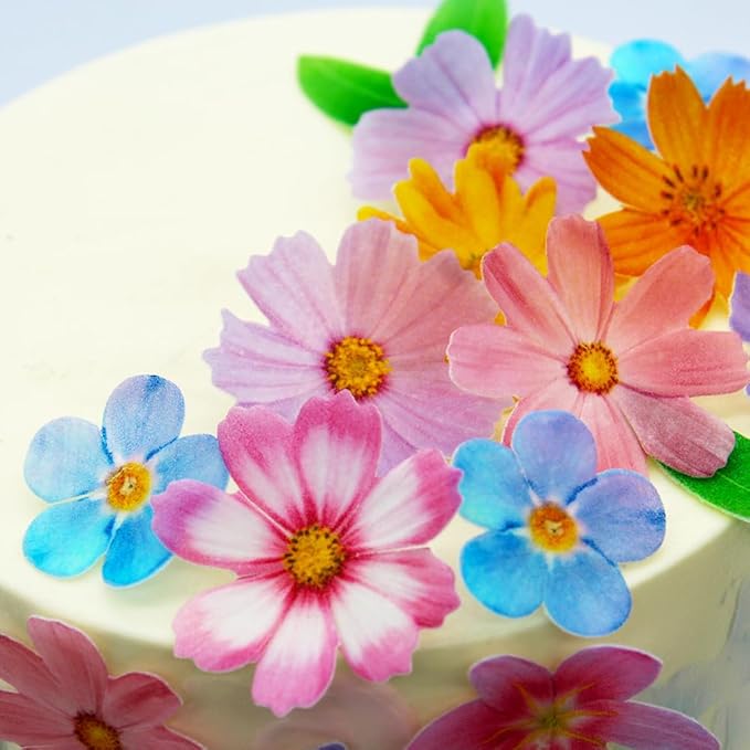 Set of 60 Edible Flowers & Leaf Cupcake Toppers Wedding Cake Party Food Decoration Mixed Size & Colour for Anniversary