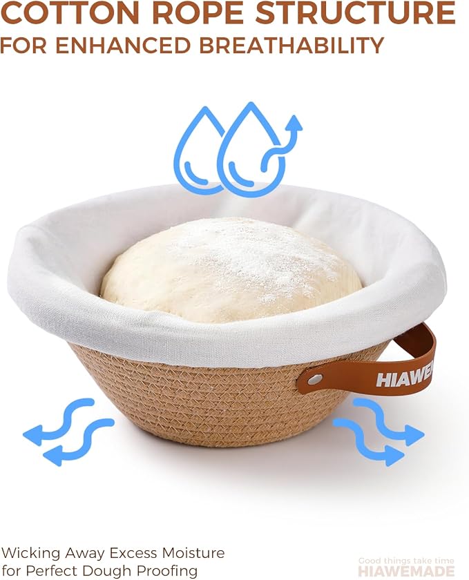 Banneton Bread Proofing Basket, Natural Cotton Rope Bread Baskets with Reusable Liners & Dust Covers, Artisan Sourdough Bread Baking Supplies, 9'' Round & 10" Oval