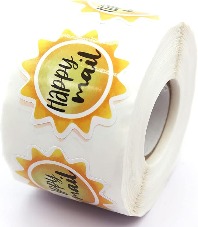 Happy Mail Stickers Roll 500 Labels Per,Cute Sun Mailing Stickers for Small Business Envelopes Shipping Package Packing