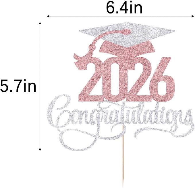 Silver Rose Gold 2026 Congratulations Graduation Cake Topper,Congrats Grad Cake Decor - 2026 High School/College/Senior Graduation Party Decorations Supplies