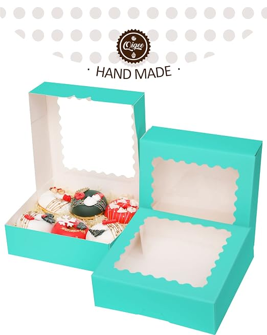 qiqee Mint Blue Pastry Box With Window 8x8x2.5 inch Donut Pie Boxes 30pcs Bakery Box Auto-pop up