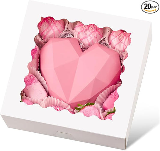 Ocmoiy 20 Pack Pie Boxes, 10 x 10 x 2.5 Inches Bakery Boxes with Window, Auto-Popup Cookie Treat Boxes for Chocolate Strawberries, Pastries, Muffins, Donuts, Breakable Heart