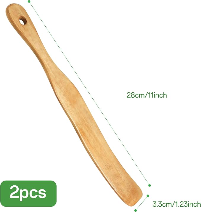 Wooden Spurtle 2Pcs, Skinny Teak Spatula for Sourdough Starter | Natural teak & earlywood, BPA-free, heat-resist, ergonomic, hand wash, oil periodically, for sourdough, gift for bakers