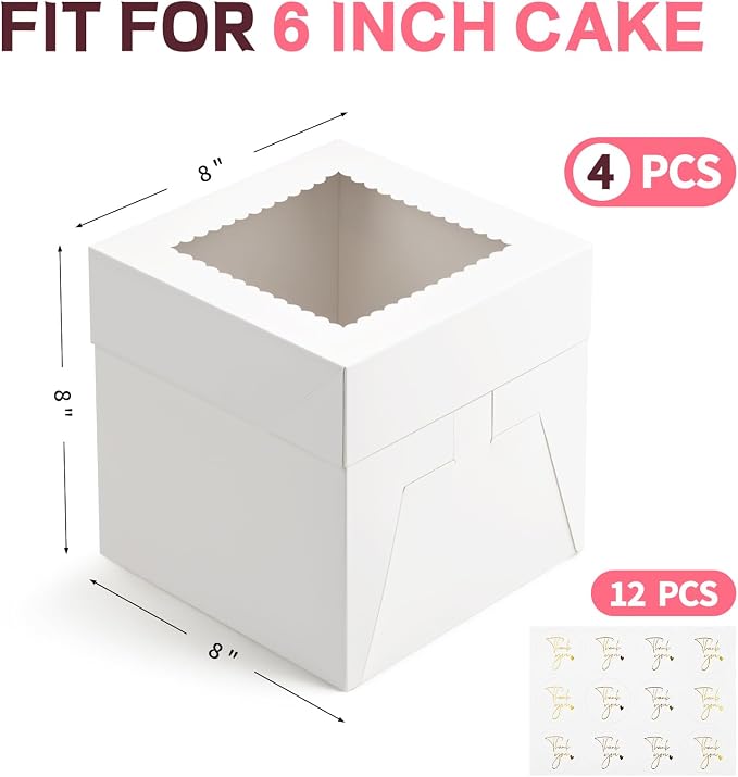 ZORRITA 4 Pack Cake Boxes, 8 x 8 x 8 Inches Tall Bakery Box with Window and Stickers, Disposable Cake Containers for Wedding, Birthday, Party