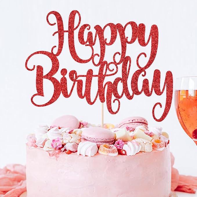Happy Birthday Cake Topper- Glitter Happy Birthday Cake Decor, Handmade Anniversary/Birthday Party Supplies (Red)
