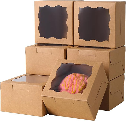 150pcs Brown Small Cake Box,4x4x2.5 Inch Bakery Boxes with Window,gift boxes bulk for Mini Cake Pastry Dessert Strawberries Chocolates Cupcakes with Stickers