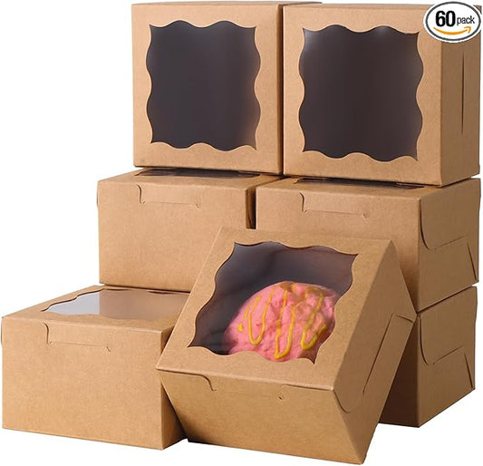 60pcs Brown Small Cake Box,4x4x2.5 Inch Bakery Boxes with Window,gift boxes bulk for Mini Cake Pastry Dessert Strawberries Chocolates Cupcakes with Stickers