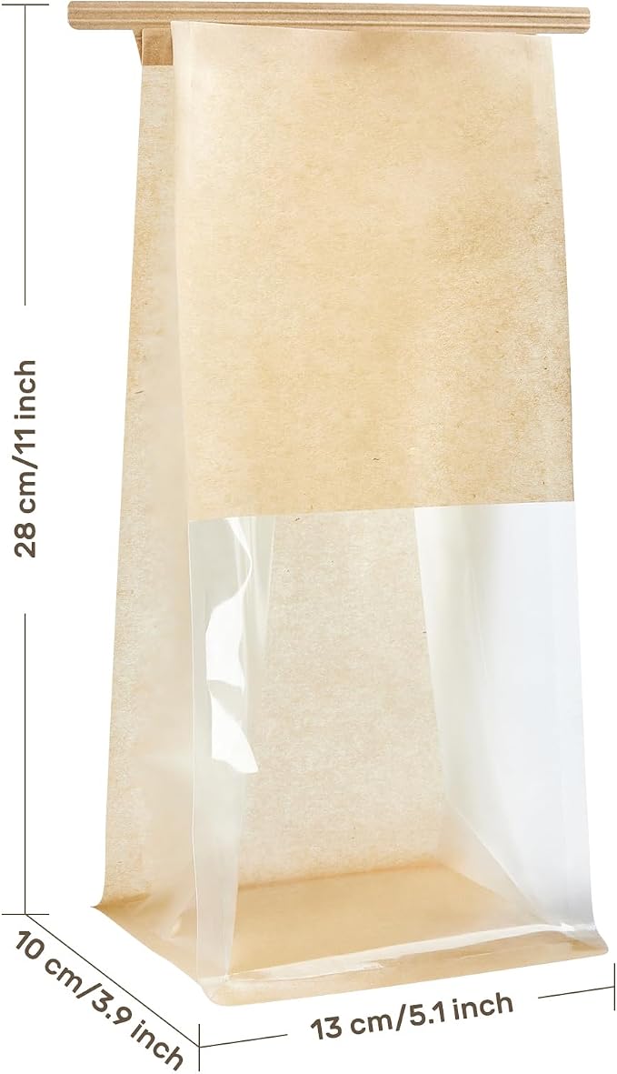 ZORRITA Bakery Bags with Window, 50 Pack, 5.1 x 3.9 x 11 Inches | Tin Tie Tab Lock, For Cookies, Bread, Bagels, Pastry, Popcorns and Snacks