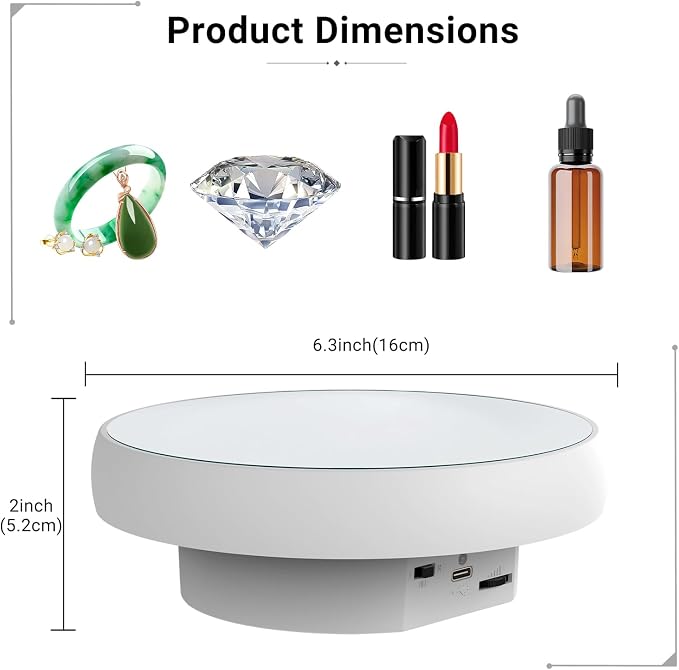 JAYEGT Motorized Rotating Display Stand, 6.3inch /11Lbs Load ,Mirror Cover ，360 Degree Electric Rotating Turntable ,Cup Display Turner Stand,Photography Products, Jewelry ,Tumbler-White