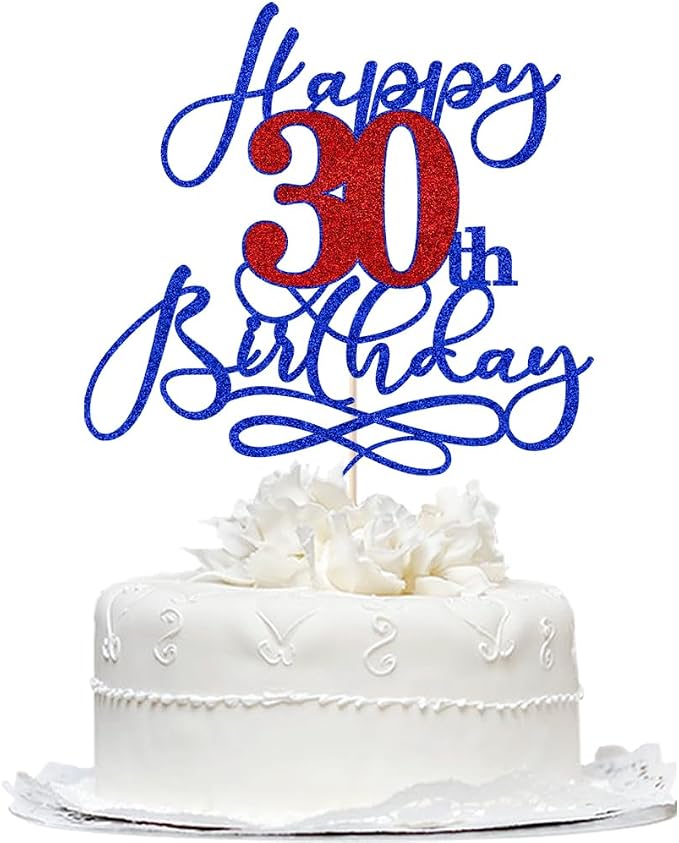 Happy 30th Birthday Cake Topper,Deep blue font red Numbers 30th Birthday Cake Decoration,Hello 30, Cheers to 30 Years/30th Anniversary,30& Fabulous Party Decoration