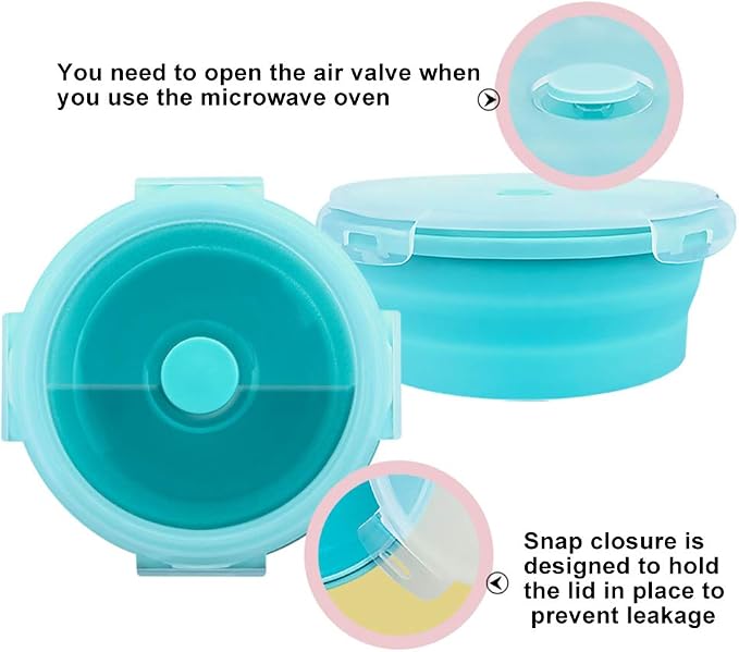 URBEST Collapsible Bowls, Silicone Food Storage Containers with Lids for Camping, Set of 4 Round Silicone Lunch Containers, Microwave and Freezer Safe (Pink, 4) (Blue)