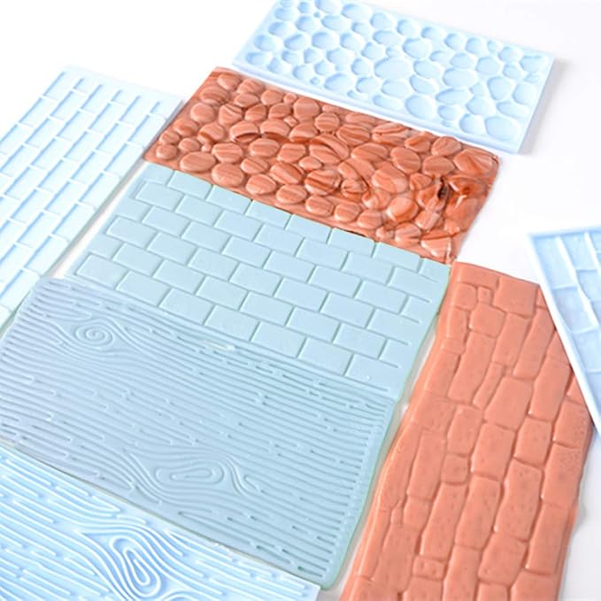 JOERSH 6 Pack Fondant Texture Mats Wood Grain Brick Castle Wall Cobblestone Texture Design Mold Fondant Molds for Clay, Chocolate, Fondant Cake Embossed Impression Sheets