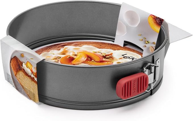 Lékué Non-Stick Round Springform Cake Tin - 9.5" Carbon Steel Oven Baking Pan with Platinum Silicone Handle, Even Heat, Dual Non-Stick Ceramic Coating, Scratch Resistant, PFOA & PFA-Free, 9.6x10x2.8"