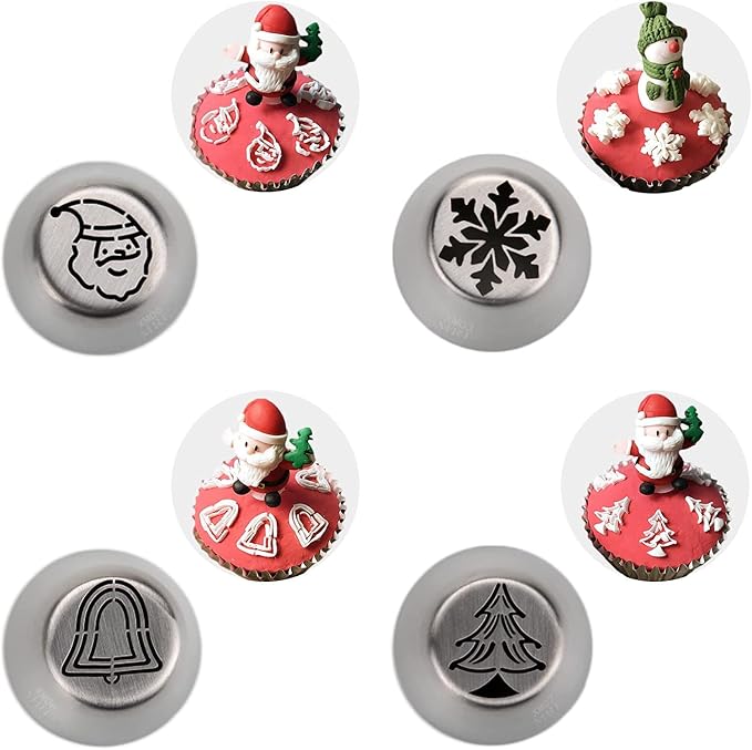 15PCS Christmas Piping Tips - Russian Icing Nozzles with Snowman, Snowflake, Christmas Tree, Santa Claus Patterns for Cupcake & Birthday Party