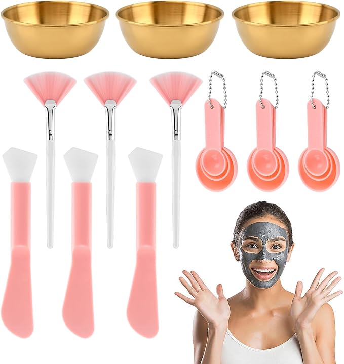 12Pcs Esthetician Facial Supplies Tools Set, 3 Gold Facial Bowls,Fan-Shaped Brushes,Scraper, Plastic Measuring Spoon, DIY Face Mask Mixing Tool Kit (Color:Gold.Pink)