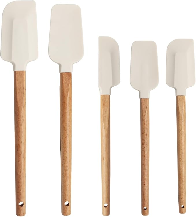 Uenhoy 5 Pack Silicone Spatula Set, Non-stick Wooden Handle Rubber Spatulas for Baking Cooking Frosting, 600°F Heat Resistant, Off White