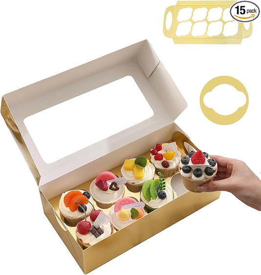 15 Gold Cupcake Boxes 8 Count with Window and Inserts, Cupcake Containers, Cupcake Holder, Muffin Boxes, Treat Boxes for Any Sweets