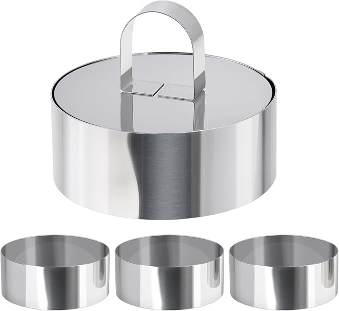 HULISEN Round Cake Ring Mold, Stainless Steel 4" Cooking Crumpet Rings with 1 Pusher & 4 Food Form, Tuna Tartare Mold for Pancake, Salad, Mousse