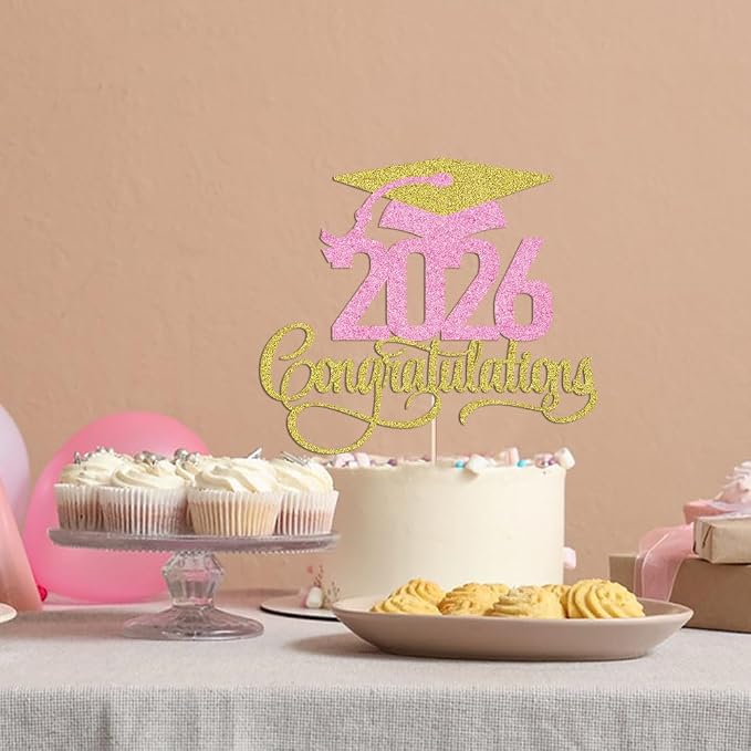 Golden pink 2026 Congratulations Graduation Cake Topper,Congrats Grad Cake Decor - 2026 High School/College/Senior Graduation Party Decorations Supplies