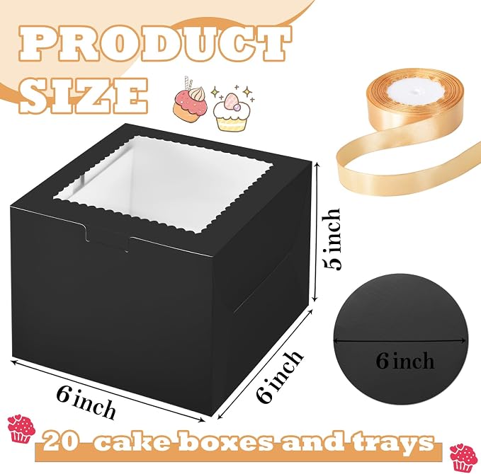 KPOSIYA 40pcs 6x6x5 inch Mini Cake Boxes with Cake Boards (20 Boxes & 20 Boards), 6 inch Small Cake Boxes with Lids，Cajas de mini pastel Bakery Boxes with Window for Christmas Thanksgiving