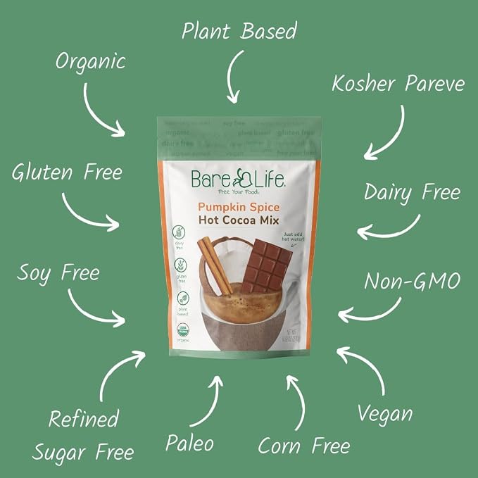 Bare Life Organic Pumpkin Spice Hot Cocoa Mix, Dairy Free Hot Cocoa Mix, Vegan Hot Chocolate Powder, Gluten Free, Kosher Pareve, Just Add Hot Water, 9.52 oz Pouch