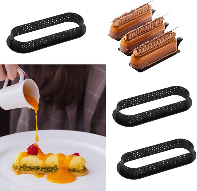 Round Tart Rings Tart Bottom Tower Cake Ring Mold Non Stick Perforated Tart Rings for Mousse Cheese Cake Muffin Pie Kitchen Baking Tart Molds (Oval)