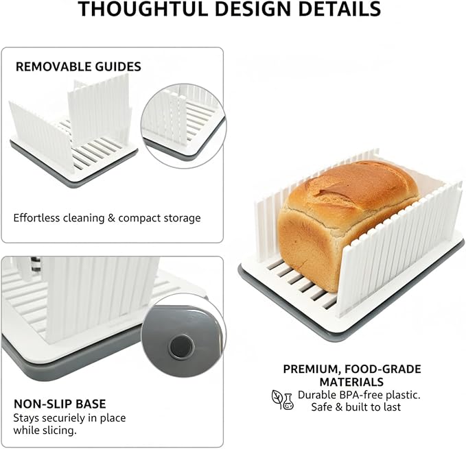 New Upgrade Bread Slicer for Homemade Bread, Bread Slicing Guide Adjustable Width, Foldable and Compact Cutting Guide with Crumb Tray, Suitability for Homemade Bread, Bagels, Cakes