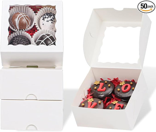 50-Count 4x4x2 Inches Food-Safe Elegant White Bakery Boxes - Multi-Use Pastry & Treat Packaging for Cookies, Truffles & Wedding Favors (Stackable Gift Boxes for Cakes, Pies & Cinnamon Rolls)