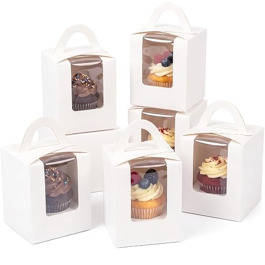 qiqee Auto-pop White Cupcake Boxes Individual Disposable 3.7x3.7x4.5inch 100pcs Cupcake Disposable Single Box with Window