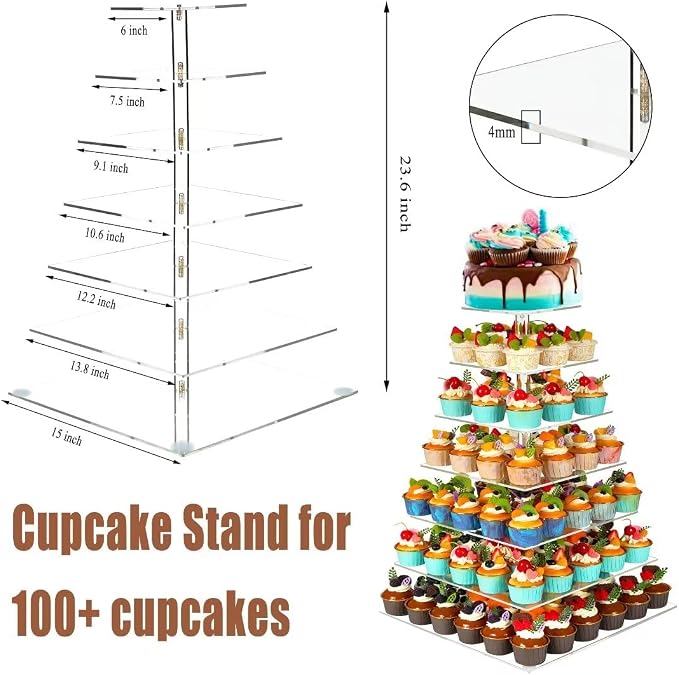 7 Tier Cupcake Stand for 100 Cupcakes, Cake and Cupcake Combo Dessert Tower Holder, Clear Acrylic Cupcake Riser, Large Pastry Cupcake Display for Birthday Wedding Party…