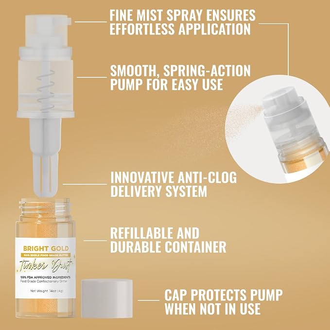 Bakell - Bright Gold Tinker Dust (4g, 1x Mini Spray Pump) Edible Glitter for Food, Desserts, and Baked goods!
