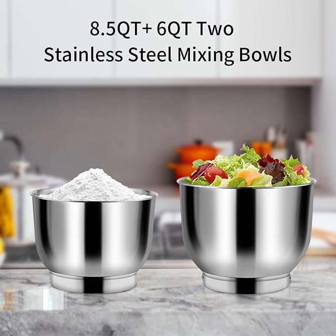 Stand Mixer, 8.5QT+ 6QT Two Stainless Steel Bowls Electric Food Mixer, 7 in 1 Multifunctional Kitchen Mixer with Dough Hook, Whisk, Beater, Meat Grinder,Pasta & Cookie Maker-Black