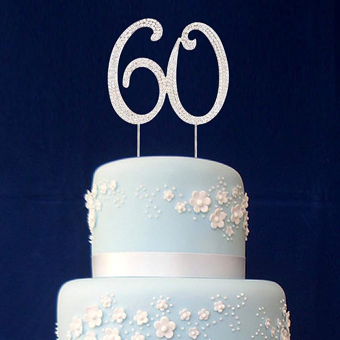 60 Cake Topper | Premium Bling Rhinestone Diamond Gems | 50th Birthday or Anniversary Party Decoration Ideas | Quality Metal Alloy | Perfect Keepsake