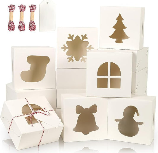 24 PCS White Bakery Boxes with Window, 6x6x3 Inch Christmas Cookie Boxes for Gift Giving, 6 Inch Small Treat Boxes for Mini Cake Pastry Dessert Strawberries Cupcakes Candy Donut Packaging