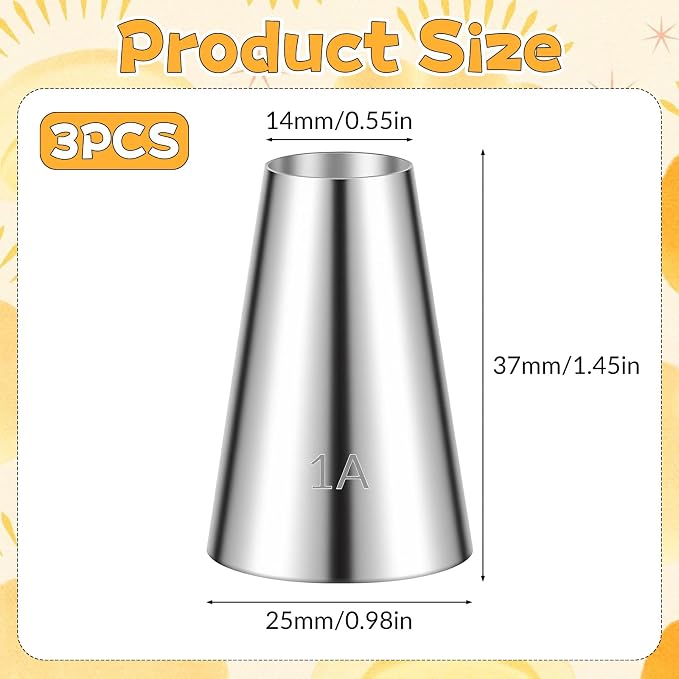 3 Pcs 1A Piping Tip Set Large 1A Round Piping Tip Professional Cake Decorating Tips Set Stainless Steel Icing Tips for Cake Decorating, Macarons, Cupcakes, Cakes, Cookies (1/2 inch)