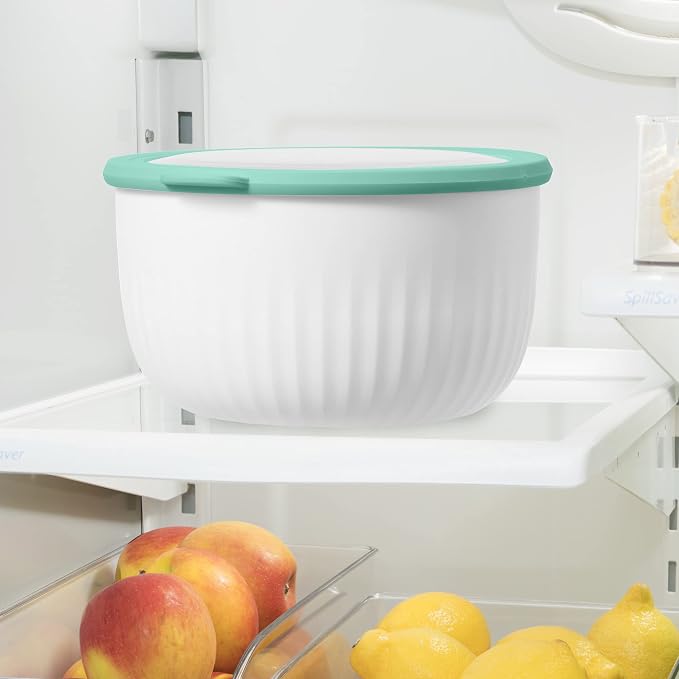 Oggi Prep, Store & Serve Plastic Bowl w/See-Thru Lid- Dishwasher, Microwave & Freezer Safe, (4 qt) White/Aqua (Pack of 12)