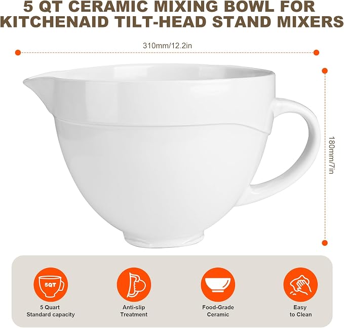 5 QT Ceramic Mixer Bowl Compatible with KitchenAid Tilt-Head Stand Mixers 4.5-5 Quart, Food-Grade Polished Mixing Bowl with Anti-slip Handle & Secure Locking Clasp, Microwave & Oven Safe