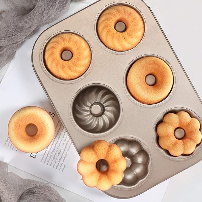 Beasea Donut Molds for Baking 6-Cavity, 2 Count Mini Small Doughnut Baking Pan Nonstick Bagel Carbon Steel Tray Bagels Mold for Oven
