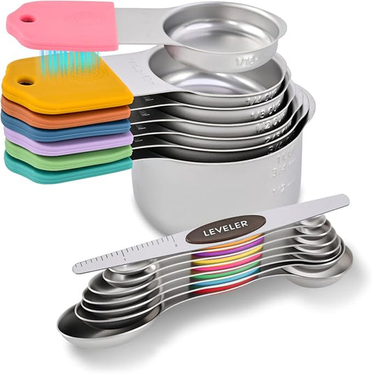 EDELIN Magnetic Measuring Cups and Spoons Set, Stainless Steel 7 cup and 7 spoon with 1 Leveler, 18/8 304 stainless steel (Multicolour 15 sets)