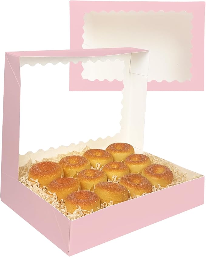 qiqee Auto-pop Up Pink Cookie Box with Window 14x10x2.5 Inch 24Pcs Bakery Pastry Macaron Bakery Box For Packaging
