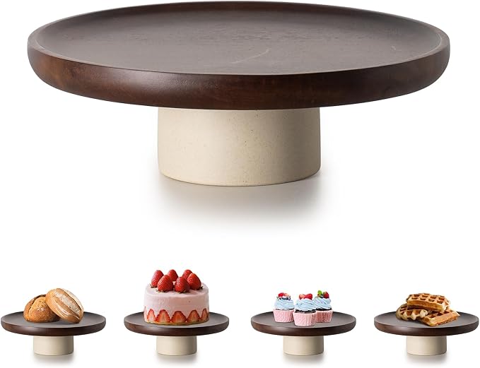 CEEFU 9 inch Rustic Acacia Wood Cake Stand - Natural Wooden Clay Wedding Cake Pedestal Serving Stand for Cupcake Dessert Bites Display in Party, Birthday, Beautiful Farmhouse Kitchen Decor