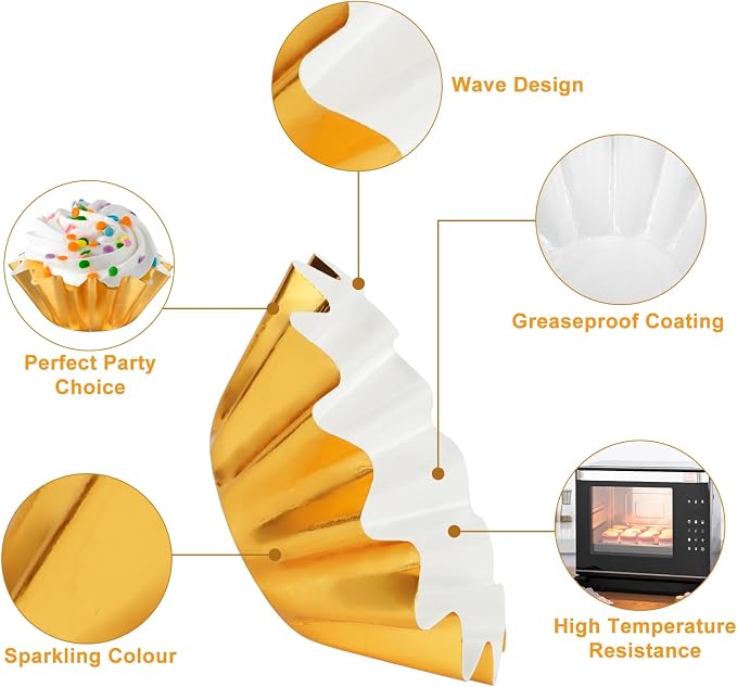 100 PCS Baking Cups Cupcake Liner Flared Brioche Muffin Wrappers (Gold) | Standard Greaseproof Coated Paper Cup for Wedding Birthday Holiday Party or Baby Shower
