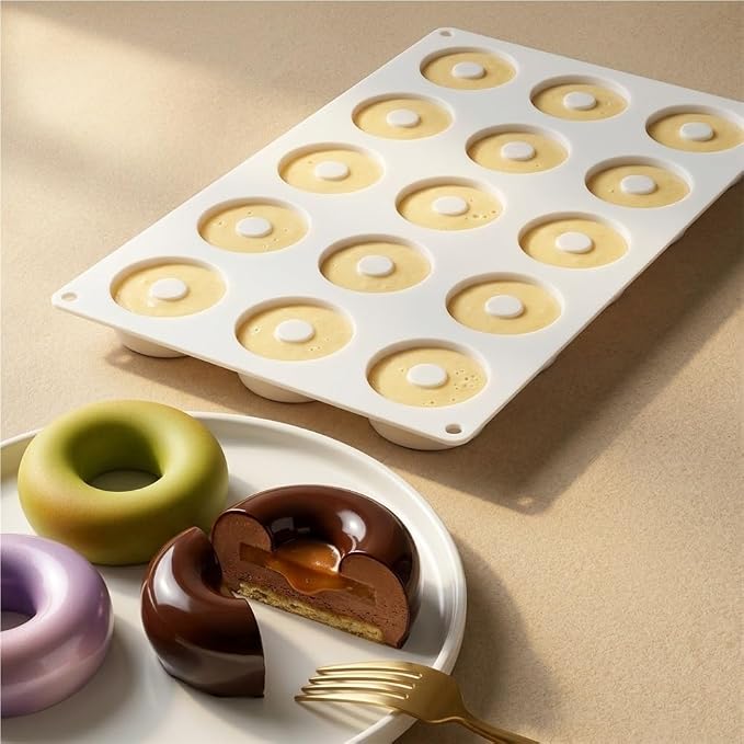 15 Cavity Mini Donut Ring Silicone Mousse Cake Mold, Round Hollow Circle Baking Mold, Non-Stick Food Grade Silicone Tray for Chocolate, Mousse, Ice Cream, Pudding, Dessert Pastry(White)