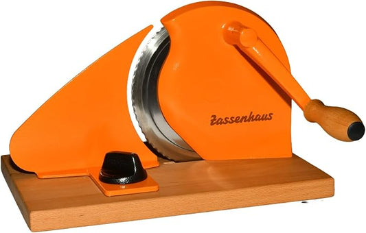Zassenhaus Original Classic Adjustable Bread Slicer for Uniform Slices - Bread Slicer for Homemade Bread - 18/8 Stainless Steel Blade Sourdough Cutter -Orange, 11.75" x 8"