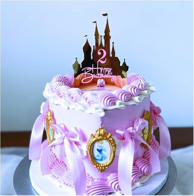 Castle Cake Topper for Princess Castle Theme Cake | with Happy Birthday Sign Personalize Age Number