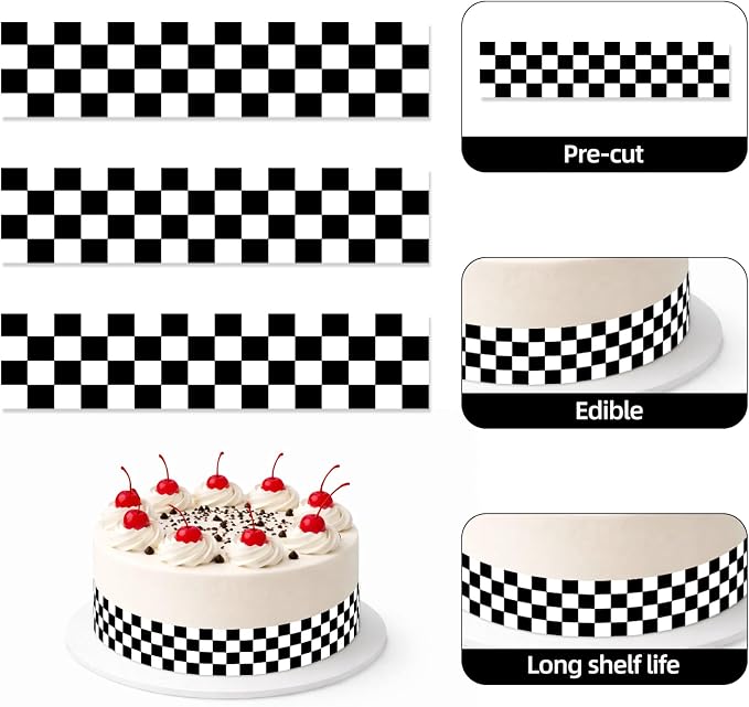 3pcs Edible Checkered Cake Border, 28x6.2cm/11x2.44in Black & White Flag Print Racing Pre-Cut Race Car Image Wrap Rice Paper Sheet for Birthday Decor Side Strip Topper Party Decoration
